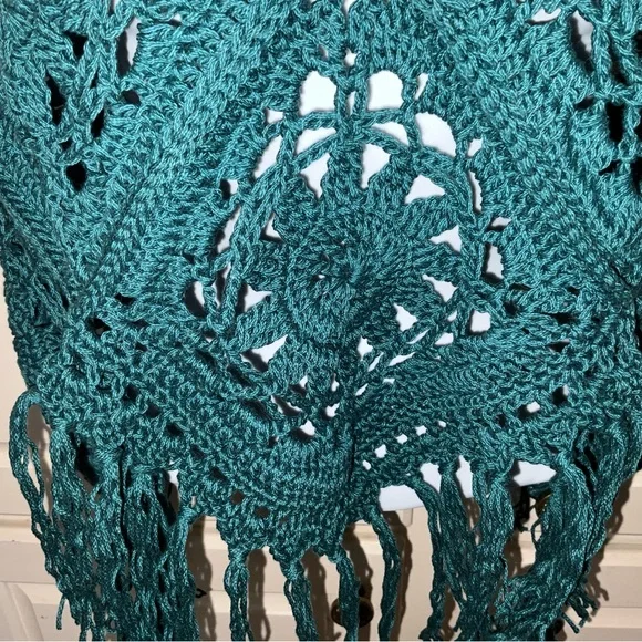 Hand Crafted Halter Crochet  Bohemian with Fringe Coverup  M/L Teal Green/Blue - Picture 5 of 11